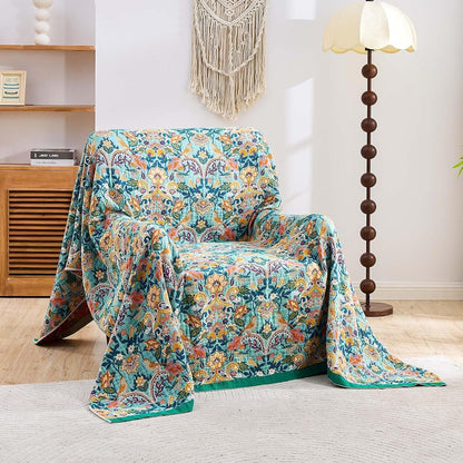 Boho Blanket Throw Quilt, 100% Cotton Soft Light Weight Throw Blankets for Summer, 90"x98" Farmhouse Flower Decorative Blankets, All Season Rustic Reversible Bohemian Throw Quilt