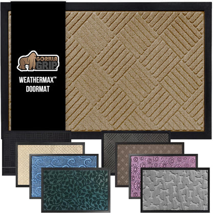 GORILLA GRIP 100% Waterproof All-Season WeatherMax Doormat US Designed Natural Rubber, Stain and Fade Resistant, Low Profile Indoor Outdoor Door Mats, Easy Clean Patio Mat, 17x29, Beige Diamond