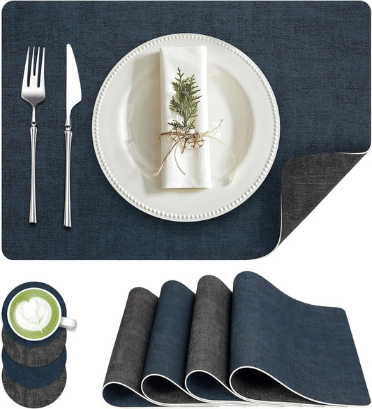 Faux Leather Dual Sided Placemats Set of 4, Square Non-Slip Heat Resistant Placemats with Coaster, Reversible wipeable Waterproof Table Mats for Kitchen, Dining, Outdoor (4, Black Navy Blue)