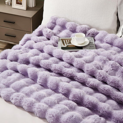 DREAMNINE Decorative Soft Fuzzy Faux Fur Throw Blanket for Couch Sofa 50" x 60", Reversible Plush Microfiber Thick Warm Fluffy Blankets for Winter, Cute Cozy Bubble Furry Blanket for Bed Chair, Purple