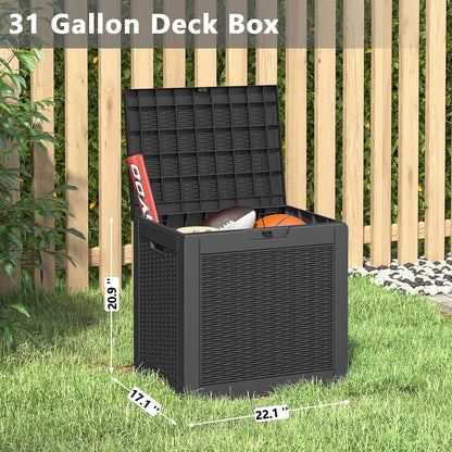 31 Gallon Deck Box, Resin Outdoor Storage Box, Waterproof and UV Resistant Deck Box, Lightweight Storage Box for Garden Tools, Pool Supplies