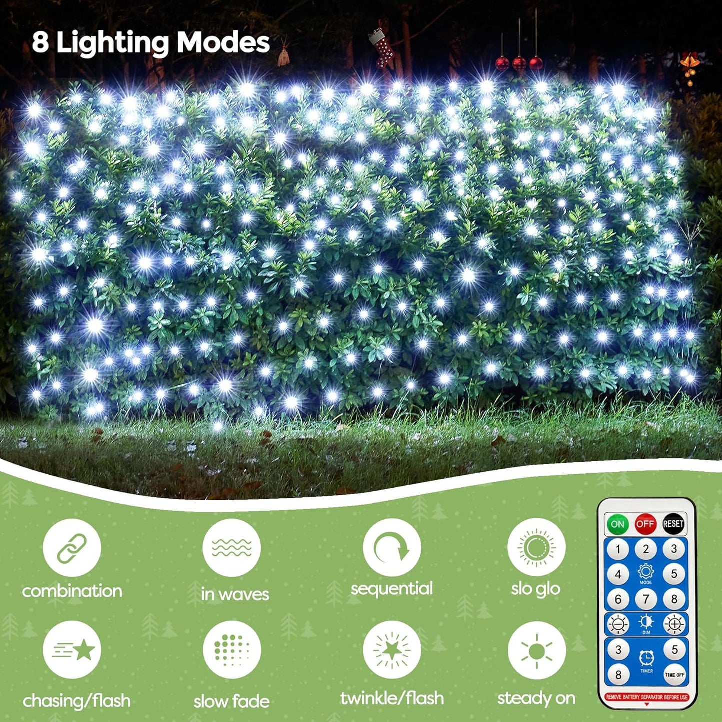 WBao Solar Christmas Lights Outdoor 200LED 8.4ft x 5.2ft Christmas Net Lights with Remote, 8 Lighting Modes, Timer, Waterproof for Lawn, Bushes, Shrubs, Trees Outdoor Christmas Decorations, Cool White