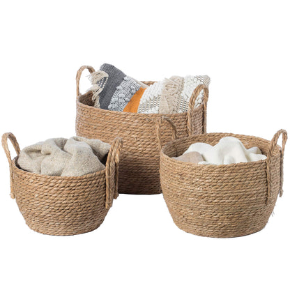 Vintiquewise Decorative Round Wicker Woven Rope Storage Blanket Basket with Braided Handles - Set