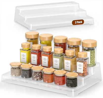 MUDEELA 2 Pack 3 Tier Spice Rack Organizer for Cabinet 11.6-Inch Spice Organization for Pantry, Non-Skid Spice Shelf with Protection Railing, Versatile Seasoning Organizer for Kitchen Counter