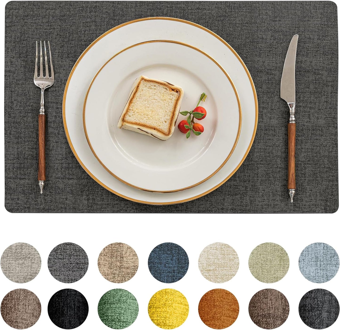 Romanstile Vinyl Placemats Set of 12-12 X 18 Inch - Heat Resistant Place Mats 100% Waterproof Oilproof Wipeable Reversible Faux Leather Table Mats for Kitchen/Dining/Party/Outdoor, Charcoal