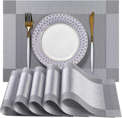 LEXMORE PlaceMats Set of 12 Vinyl/Plastic Woven Place Mats for Kitchen Table Indoor/Outdoor Washable PlaceMat Wipeable Dining Table Mats(Silver Cube)