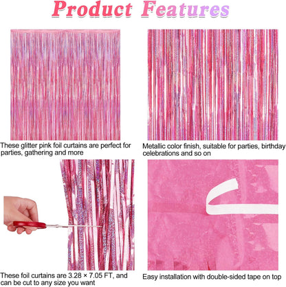 2 Pack Glitter Pink Backdrop, 3.28 FT x 7.05 FT Birthday Party Decorations, Laser Pink Fringe Curtains Foil Streamer Tinsel, Pink Curtains Photo Backdrop Happy Birthday Backdrop