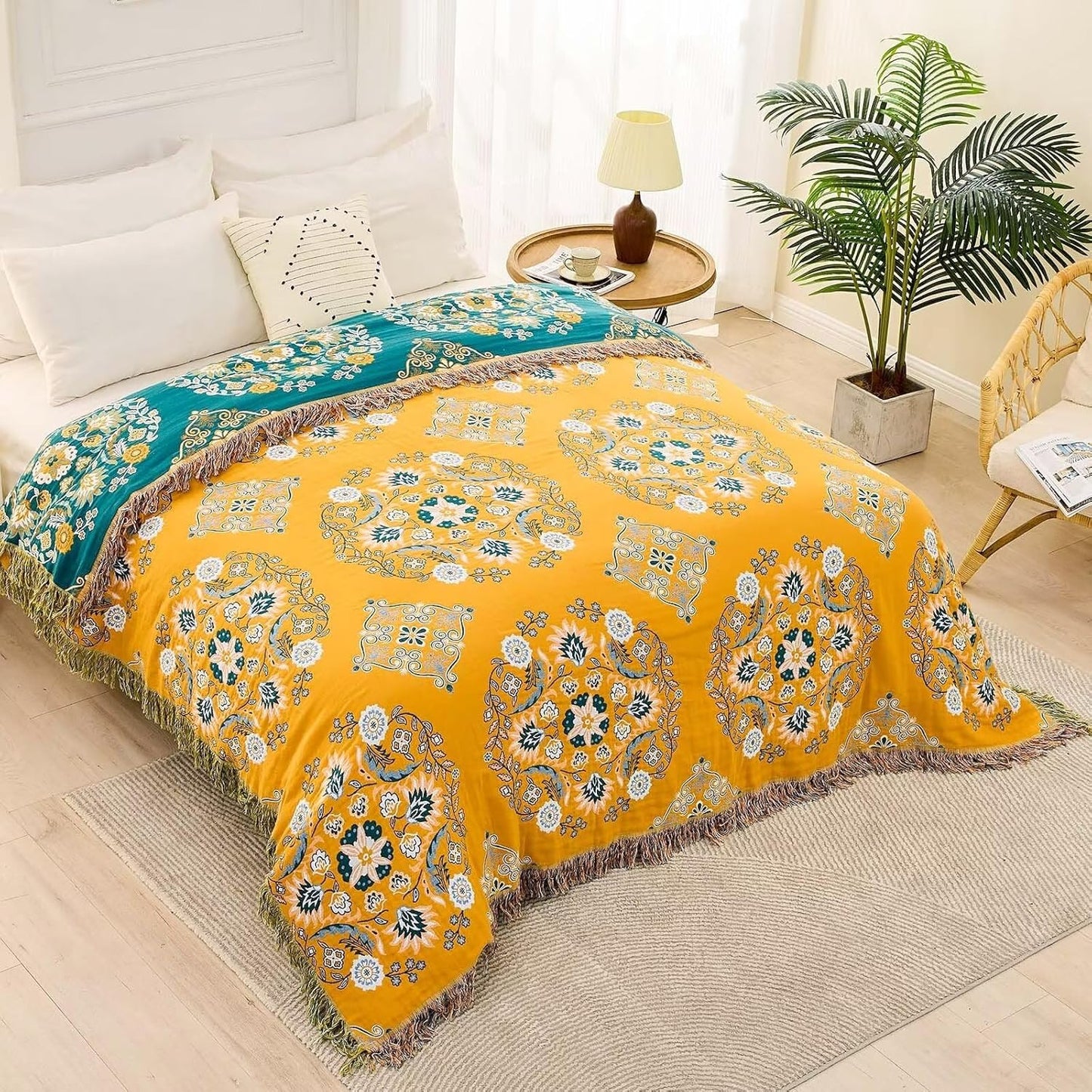 Boho Throw Blanket, 100% Cotton Ultra Soft Luxury Throw Rustic Quilt, Floral Printed Farmhouse Decor Bed Summer Blankets, All Season Rustic Reversible Bohemian Throw for Bed (80"x90" Yellow