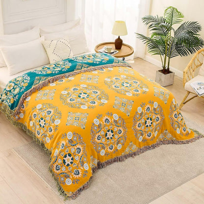 Boho Throw Blanket, 100% Cotton Ultra Soft Luxury Throw Rustic Quilt, Floral Printed Farmhouse Decor Bed Summer Blankets, All Season Rustic Reversible Bohemian Throw for Bed (80"x90" Yellow