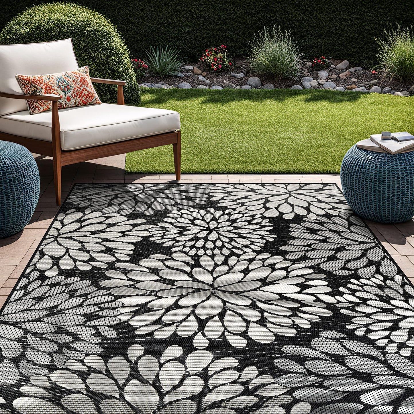 Beverly Rug Outdoor Rug 8x10 Modern Exotic Tropical Leaf Area Rugs for Indoor and Outdoor Patio Deck Porch Garden Water Resistant Washable Outside Carpet (8 x 10 Dark Gray)