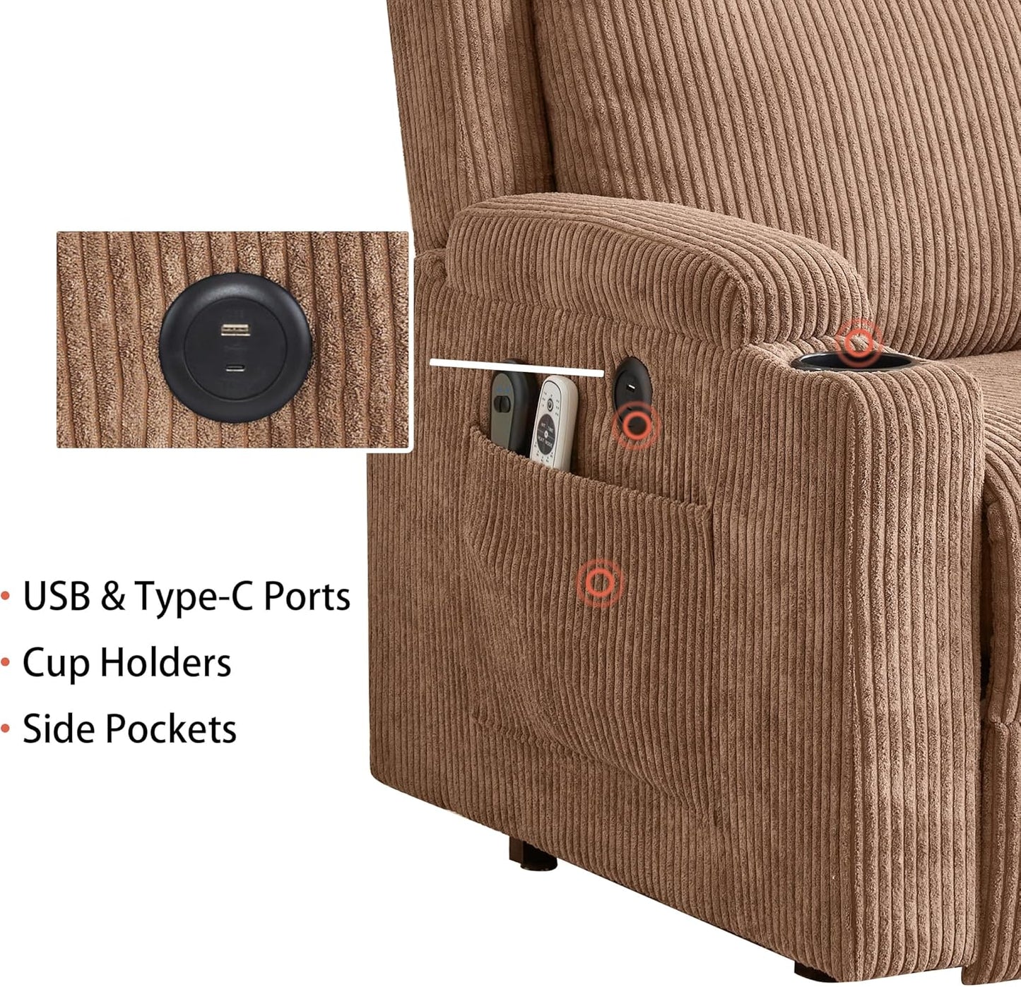 Lift Recliner Chair for Adults with Massage and Heating, Power Lift Recliner Chairs for Elderly, Corduroy Fabric Reclining Chair with USB &Type-C Port, Cup Holders, L6111 (Brown)