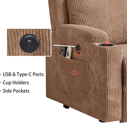 Lift Recliner Chair for Adults with Massage and Heating, Power Lift Recliner Chairs for Elderly, Corduroy Fabric Reclining Chair with USB &Type-C Port, Cup Holders, L6111 (Brown)