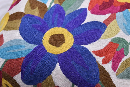 Cream Floral Pillow Cover Blue Flower Pillowcase Boho Cushion Florals Accent Throw Pillowsham Wool Hand Embroidered Size 18x18