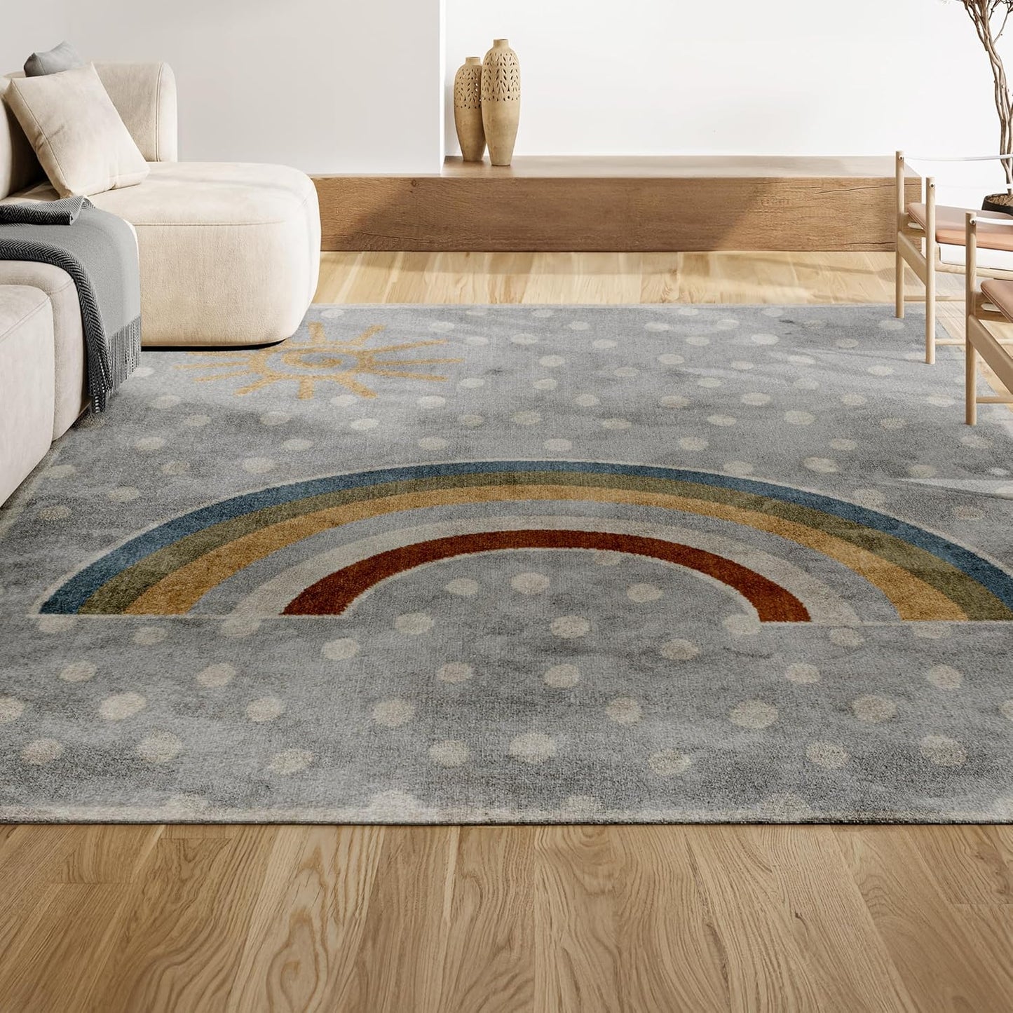 JONATHAN Y Machine-Washable Gray/Ivory/Yellow Indoor Area Rug, 4x6, Minha Rainbow Dots, Kids & Novelty, Casual, Classic, Bedroom, Kitchen, Living Room, Easy-Cleaning, Non-Shedding (KDW102A-4)