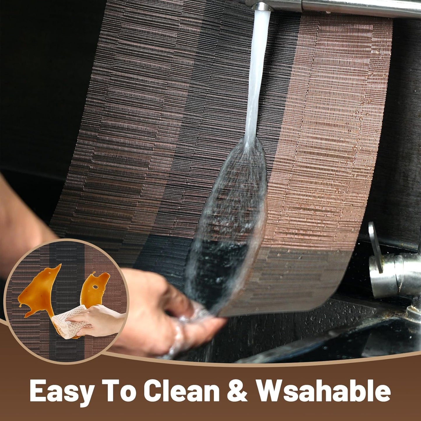 Placemats Set of 6，Non-Slip PVC Weave Table Mats Easy to Clean，Heat Resistant Place Mats for Kitchen Dining Table Decoration Indoor Outdoor，Black Brown