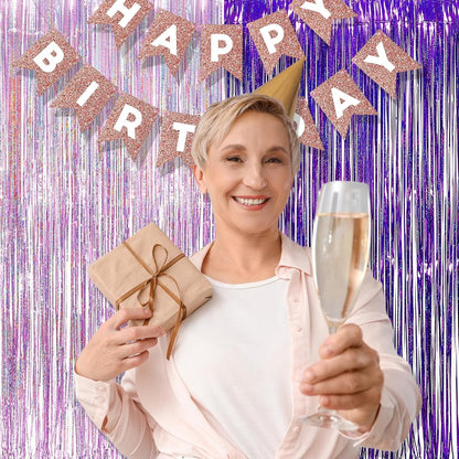 BRAVESHINE 1 Purple 1 Pink Streamers Party Photo Backdrop - 3.2 ft x 8.2 ft Metallic Tinsel Foil Fringe Curtains for Valentine’s Day/Women Birthdays/Engagement/Bridal Shower/Bachelorette Decorations