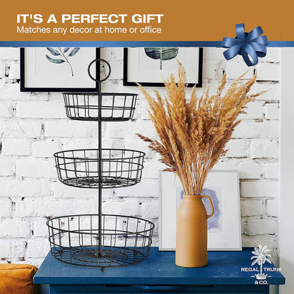 REGAL TRUNK & CO. 3 Tier Fruit Basket, Elegant French Country Wire Baskets, Three Tiered Wire Basket Stand for Vegetables, Bread & More for Countertop or Hanging, Christmas or Birthday Present