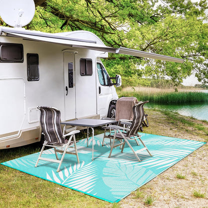 GENIMO Outdoor Rug 9' x 12' Waterproof for Patios Clearance, Reversible Outdoor Plastic Straw Camping Rug Carpet, Large Area Rugs Mats for RV, Camper, Deck, Balcony, Porch, Beach, Aqua Blue&White