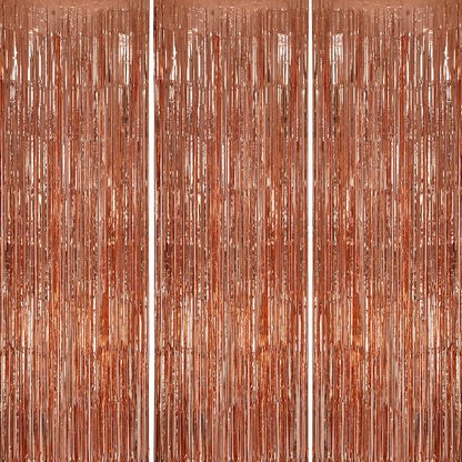 3 Pack Foil Fringe Backdrop - Rose Gold Shiny Tinsel Curtains for Party Decoration/Photo Booth Props - 3.3x8.2 FT Metallic Foil Backdrop for Birthday, Wedding, Graduation, Christmas.