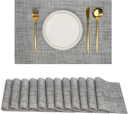 Placemats Set of 12，Non-Slip PVC Weave Table Placemats Easy to Clean，Heat Resistant Place Mats for Kitchen Dining Table Decoration Indoor Outdoor，Gray
