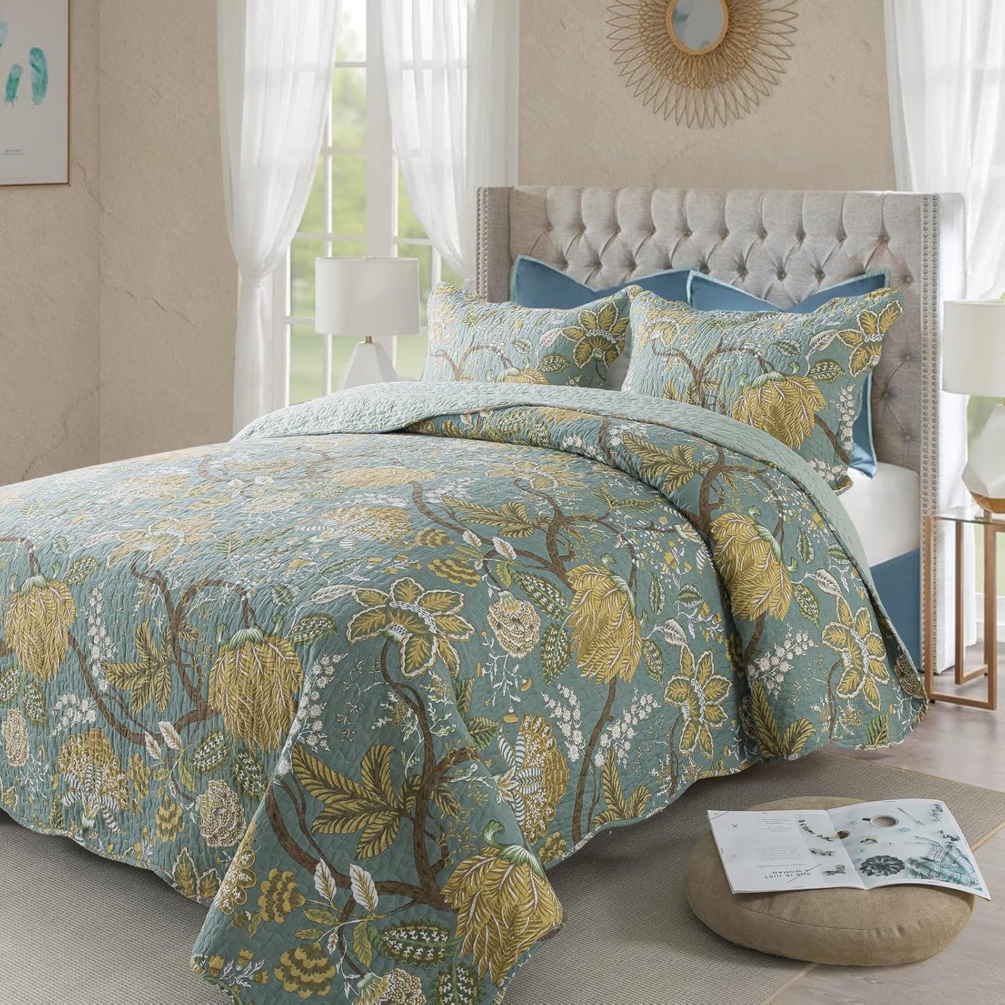 NEWLAKE Cotton Bedspread Quilt Sets-Reversible Patchwork Coverlet Set, Green Floral Pattern, King Size