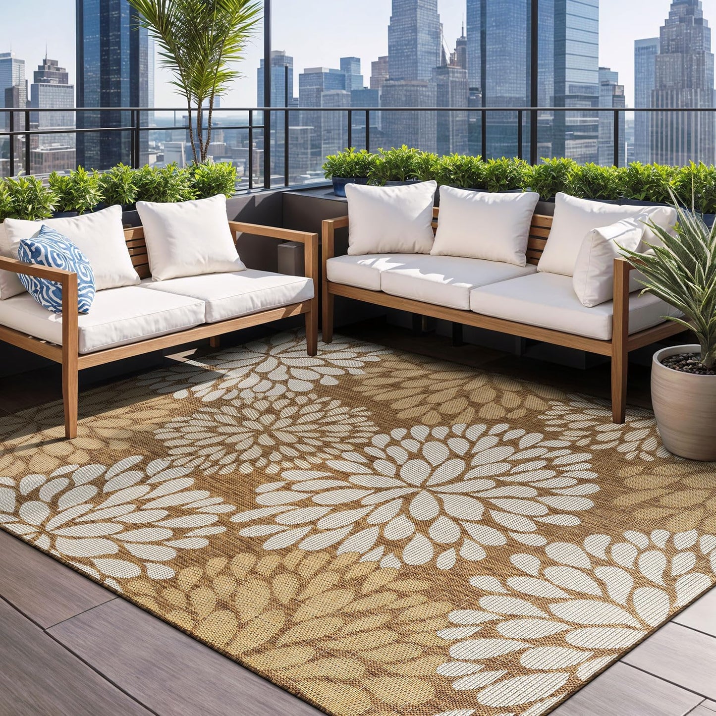Beverly Rug Outdoor Rug 6x9 Modern Exotic Tropical Leaf Area Rugs for Indoor and Outdoor Patio Deck Porch Garden Water Resistant Washable Outside Carpet (6 x 9 Wooden)