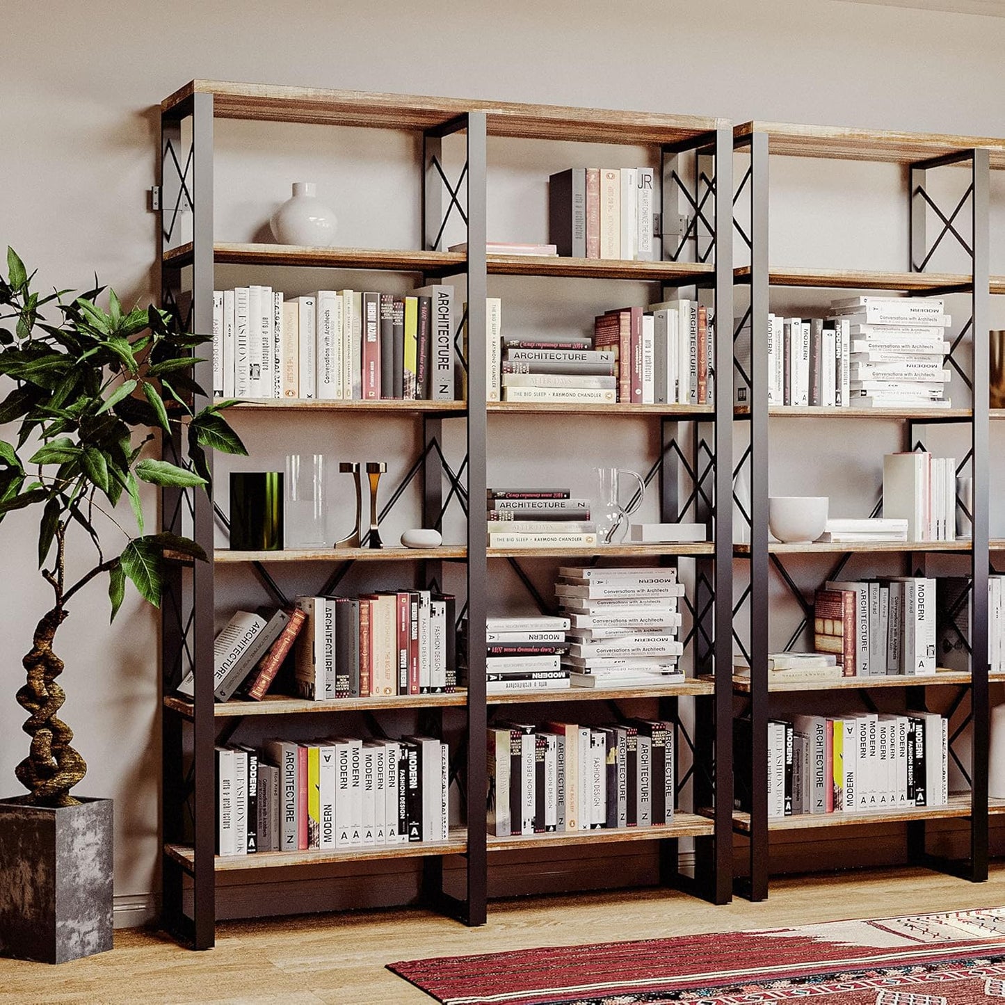 IRONCK Bookshelves Double Wide 6-Tier 76" H, Open Large Bookcase, Industrial Style Shelves for Home Office, Easy Assembly