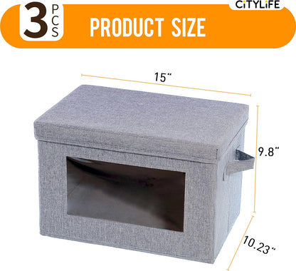 Citylife 3-Pack Collapsible Storage Bins with Lids, Linen Fabric Foldable Storage Boxes, Cube Closet Organization for Clothes, Blankets and Books, Gray