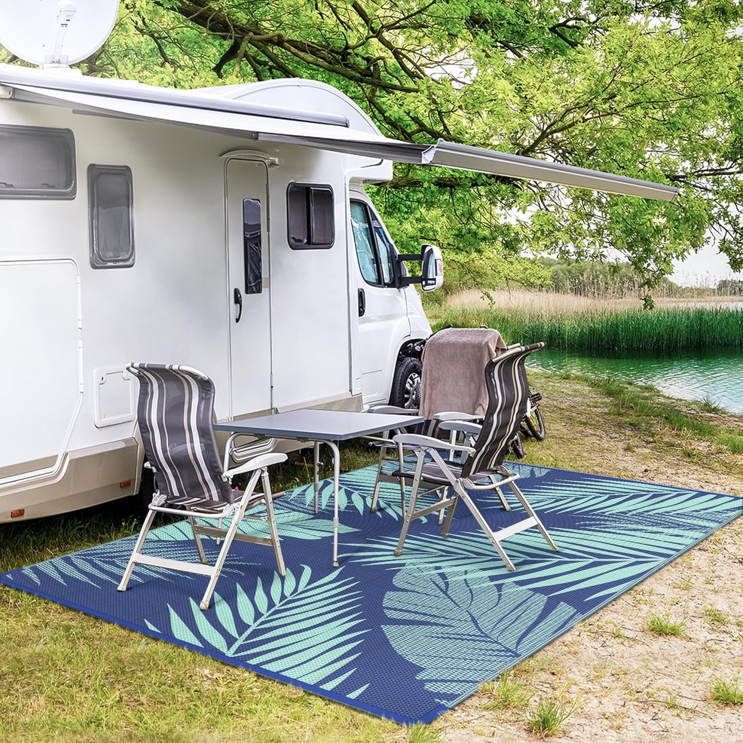 GENIMO Outdoor Rug 6' x 9' Waterproof for Patios Clearance, Reversible Outdoor Plastic Straw Camping Rug Carpet, Large Area Rugs Mats for RV, Camper, Deck, Balcony, Porch, Beach, Royal Blue&Blue Green