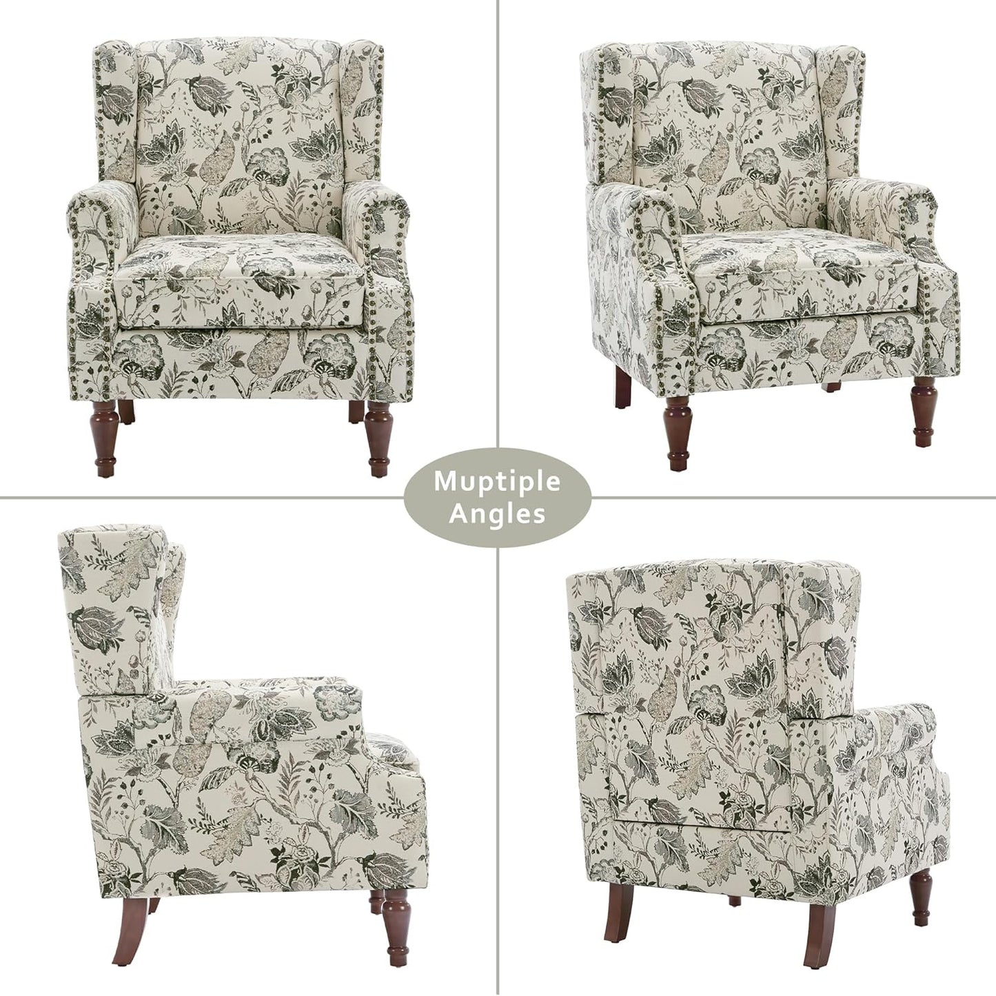 Lumibee Wingback Accent Chair,High Back Floral Armchairs in Fabric,Comfy Upholstered Reading Single Sofa Chair with Solid Wood Legs for Living Room,Bedroom,Office-Plants Beige