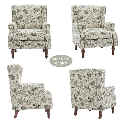 Lumibee Wingback Accent Chair,High Back Floral Armchairs in Fabric,Comfy Upholstered Reading Single Sofa Chair with Solid Wood Legs for Living Room,Bedroom,Office-Plants Beige
