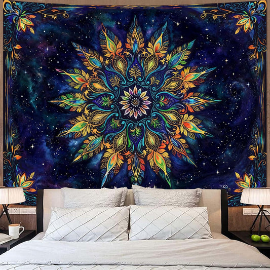Fowocu Boho Floral Mandala Tapestry for Bedroom Aesthetic Blue Bohemian Colorful Flower Wall Tapestry Purple Hippie Indian Extra Large Tapestries Wall Hanging for Living Room Dorm Decor 90 x 68 Inch