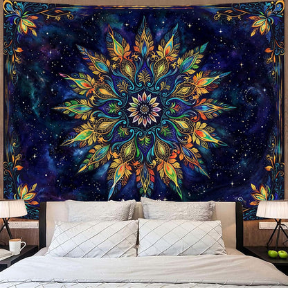 Fowocu Boho Floral Mandala Tapestry for Bedroom Aesthetic Blue Bohemian Colorful Flower Wall Tapestry Purple Hippie Indian Large Tapestries Wall Hanging for Living Room Dorm Decor 80 x 60 Inch