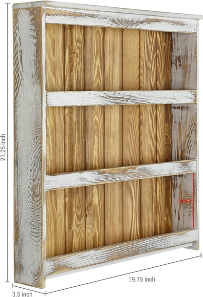 MyGift 3 Tier Wall Mounted Spice Rack, Shabby White Washed and Rustic Natural Burnt Solid Wood Kitchen Pantry Storage Shelf for Seasoning Jars or Condiment Bottles
