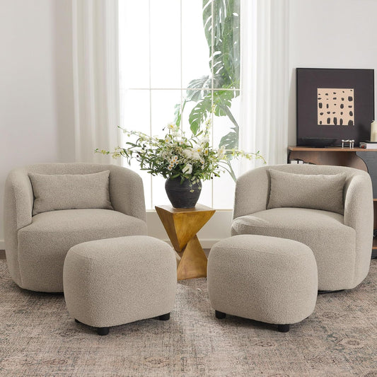 KINWELL 34" Wide 2 Boucle Swivel Barrel Chairs and 2 Ottomans Set, Fully Assembled Sherpa Accent