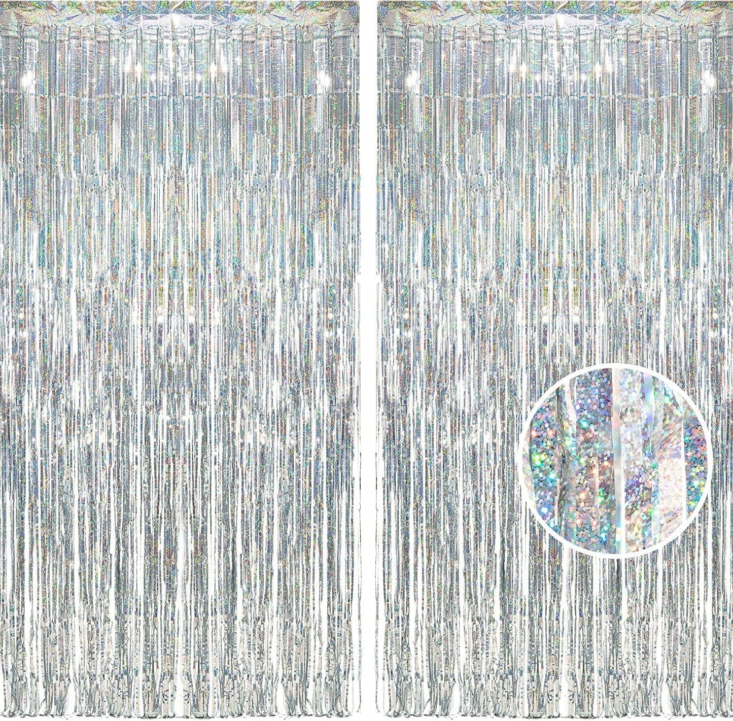 BRAVESHINE Silver Streamers Party Backdrop Decorations - 2Pcs 3.2x8.2ft Tinsel Foil Fringe Curtain Backdrop for Christmas/New Years/Birthdays/Bachelorette/Anniversary/Engagement/Dancing Ball Decor