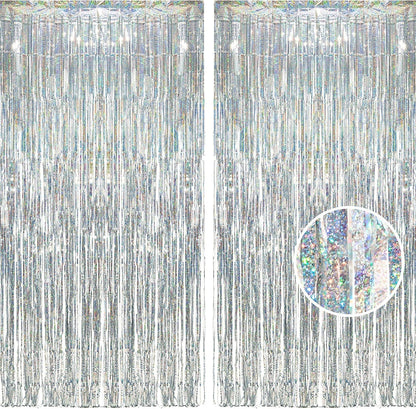 BRAVESHINE Silver Streamers Party Backdrop Decorations - 2Pcs 3.2x8.2ft Tinsel Foil Fringe Curtain Backdrop for Christmas/New Years/Birthdays/Bachelorette/Anniversary/Engagement/Dancing Ball Decor