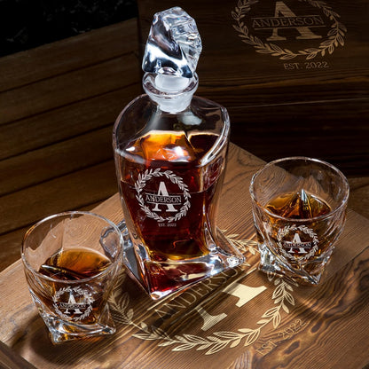 Frolk Personalized Whiskey Decanter and Stones Set - Customized Gift for Him - Men, Dad, Father - Twisted Whiskey Decanter, 2 XL Glasses, 6 XL Whiskey Chillers, 2 Coasters, Tongs, Pouch in Wooden Box