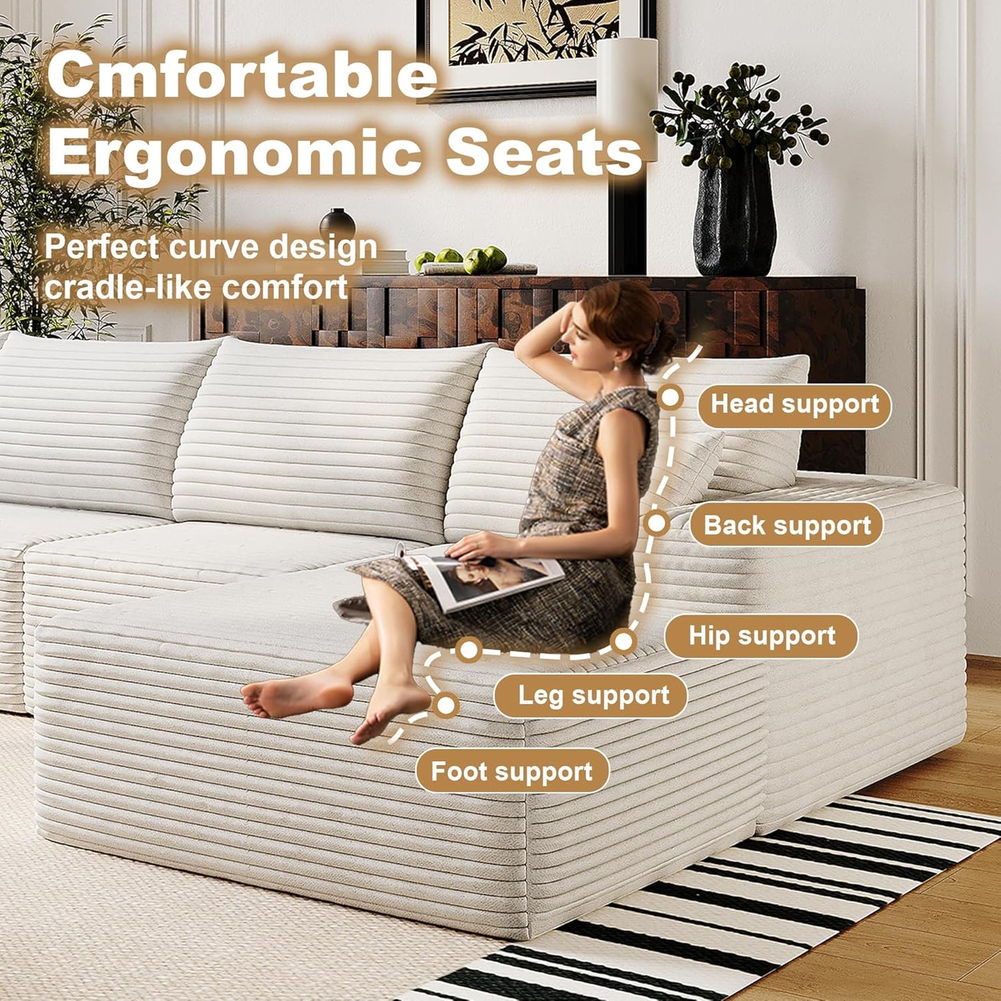 108" Sectional Couches for Living Room Modern Modular Sofa with L-Shape Couchs Upholstered Boneless Couch Deep Seat Sectional Couch with Chaise (White, Right Facing Chaise+2Seaters+1Ottoman)