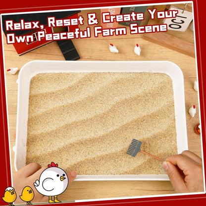 CypherX Chicken Zen Garden Sand Tray Therapy Kit with Miniature Chicken Coop, Hen Figurines Mini Zen Garden Kit Gift Office Desk Decor Fidget Stress Relief