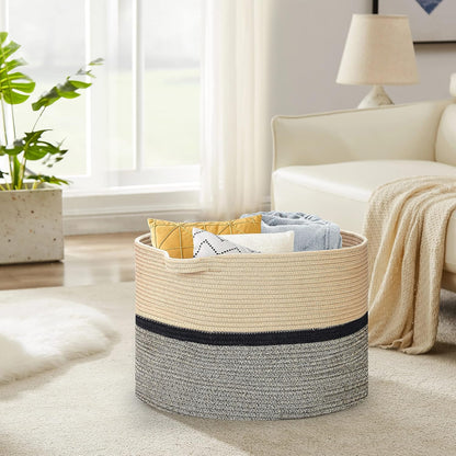 Ravinte Blanket Basket - 20"x 20"x 13" Cotton Rope Basket for Living Room, Baby Toy Storage Basket, Large Woven Laundry Basket (Brown-Black)