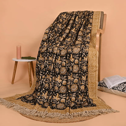 Bohemian Floral Cotton Throw Blanket with Tassels | 48x70 Inch Handblock Printed Sofa Throw | Black & Gold Decorative Bed Cover | Lightweight Couch Throw for Living Room & Bedroom