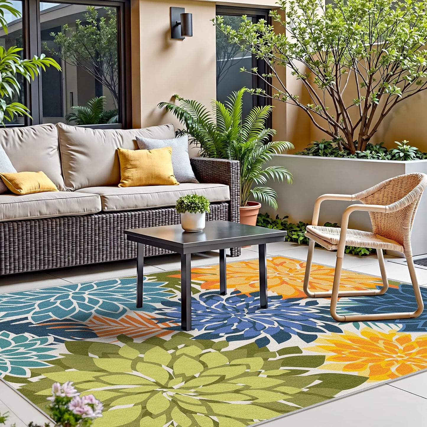 Indoor Outdoor Area Rug Washable Multicolored Patio Rug Tropical Botanical Modern Floral Indoor Outdoor Carpet Non Slip Yellow Green Rug Non Shedding for Patio, Deck, Backyard, Porch (5x8)