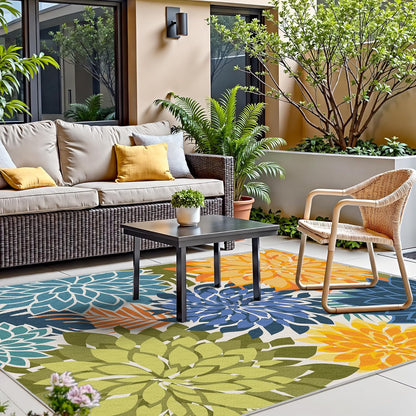 Indoor Outdoor Area Rug Washable Multicolored Patio Rug Tropical Botanical Modern Floral Indoor Outdoor Carpet Non Slip Yellow Green Rug Non Shedding for Patio, Deck, Backyard, Porch (9x12)