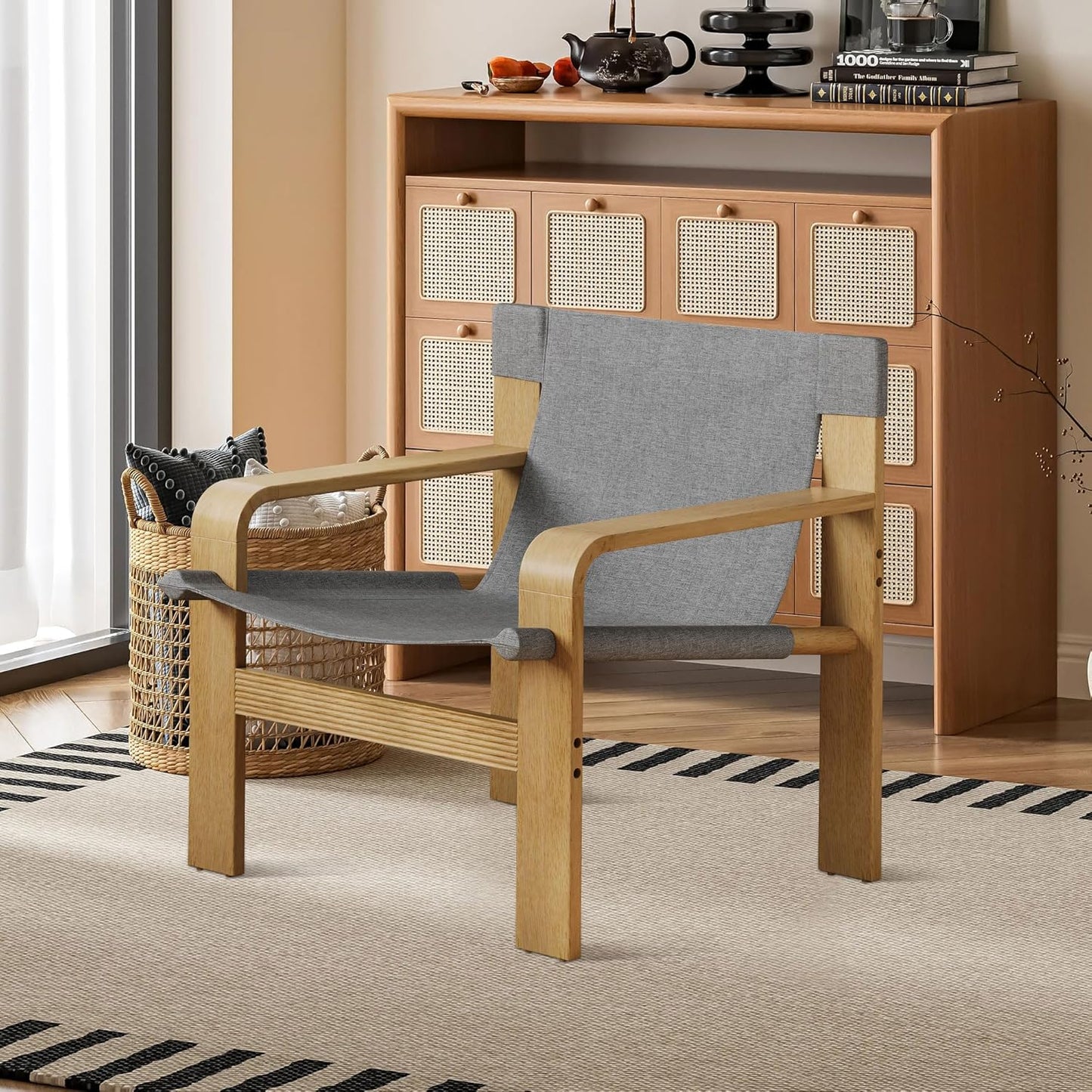 Mid-Century Accent Chair with Wide Armrest & Solid Wood Frame, Detachable and Washable Armchair, Modern Living Room Reading Chairs for Bedroom Sunroom Bedroom Balcony,Light Grey