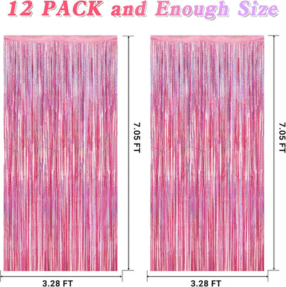 12 Pack Pink Backdrop, 3.28 FT x 7.05 FT Foil Streamers, Metallic Glitter Backdrop Pink Tinsel Fringe Curtains Party Streamers, Pink Birthday Party Decorations Photo Booth Props