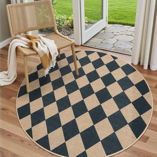 Lahome Checkered Round Rugs 6ft, Washable Easy Jute Circle Patio Rug Indoor Outdoor Rugs for Living Room, Farmhouse Natural Round Area Rug Contemporary Carpet for Entryway Backyard