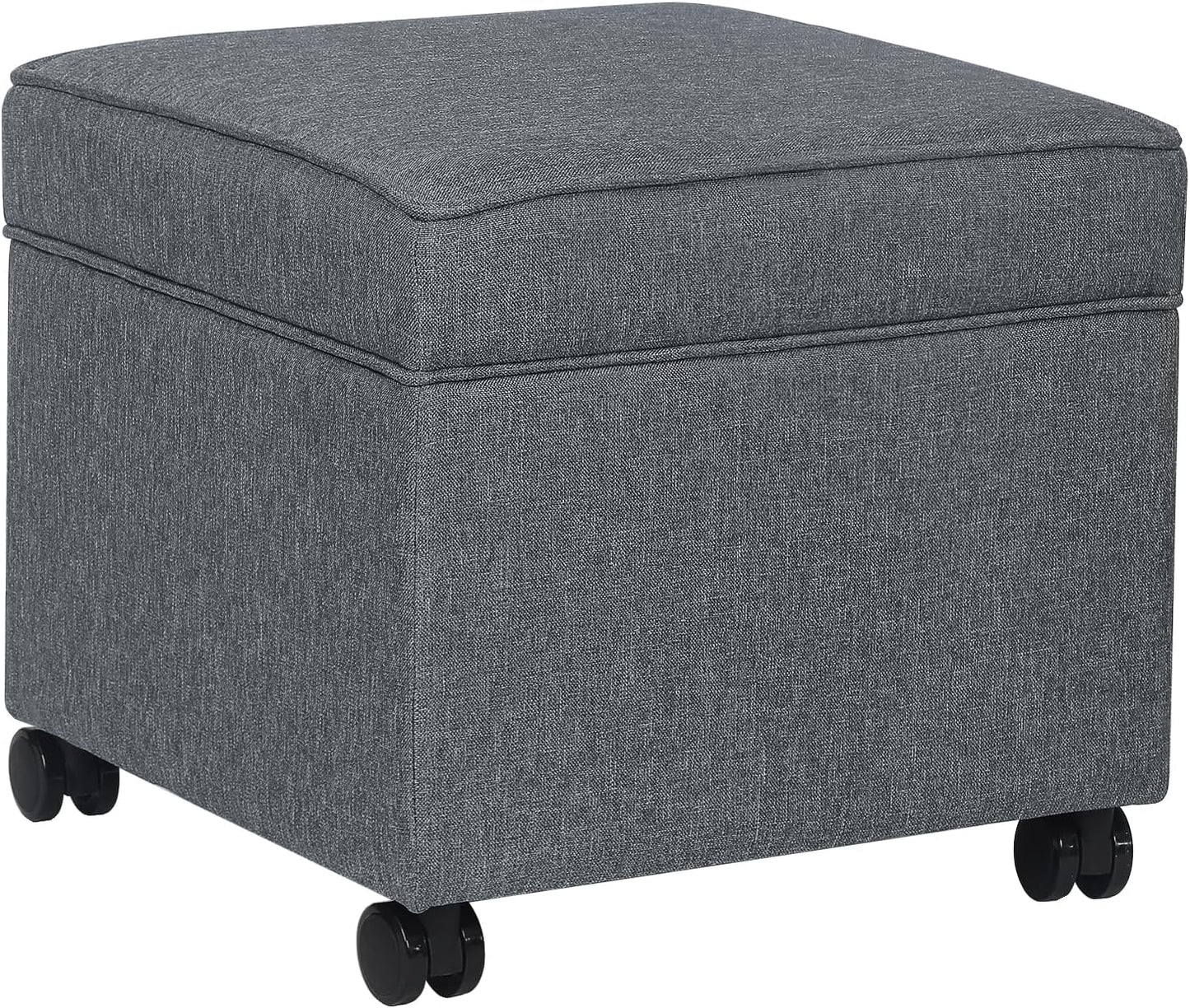 Adeco 17.5" Square Fabric Ottoman with Storage, Upholstered Cotton Linen Foot Rest, Flip Top Footstool, Small Cube Coffee Table Extra Seat for Living Room, Bedroom, Grey with Rolling Legs