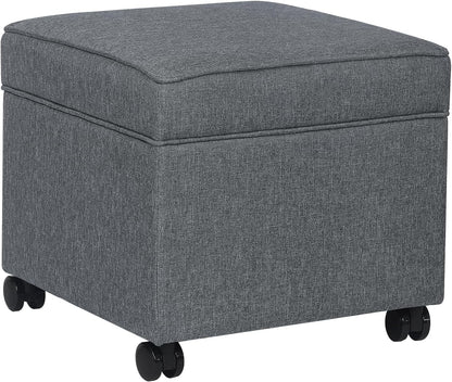 Adeco 17.5" Square Fabric Ottoman with Storage, Upholstered Cotton Linen Foot Rest, Flip Top Footstool, Small Cube Coffee Table Extra Seat for Living Room, Bedroom, Grey with Rolling Legs