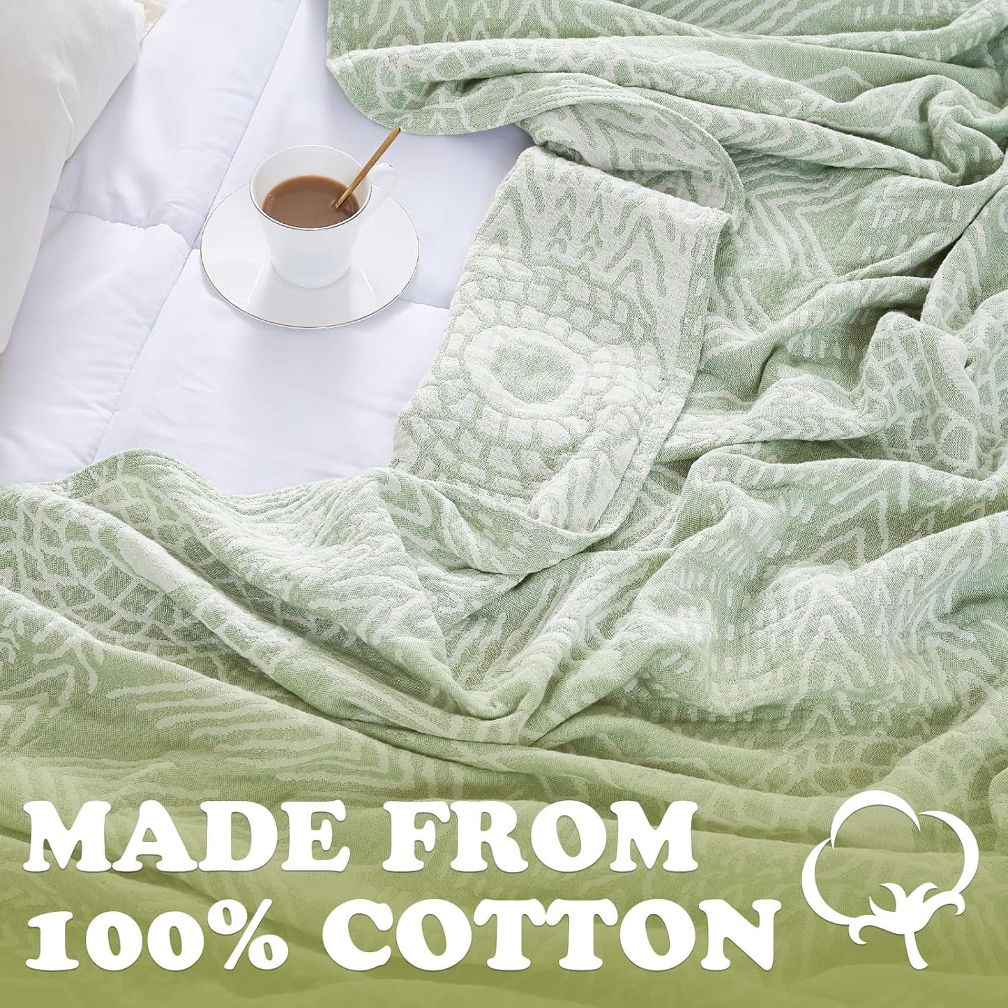 jinchan Boho 100% Cotton Blanket Muslin Lightweight Twin Size Throw Blanket Reversible for Couch Soft Cozy All Season 3-Layer Throw Coverlet Blanket for Bedroom Living Room Decor Green 60x80 Inches